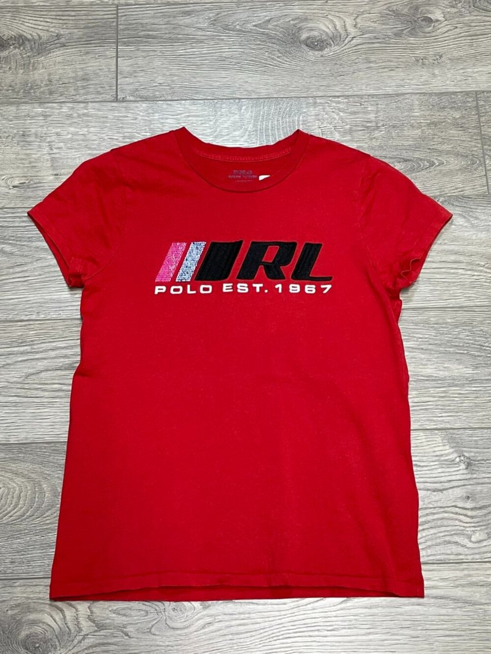 Polo Ralph Lauren Red Sequin JRL‎ EST. 1967 Graphic T-Shirt Baby Tee Women XS S
